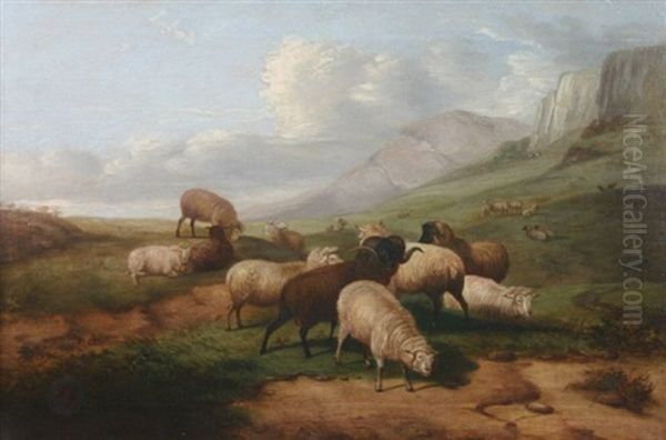 A Flock Of Sheep And Rams In A Landscape - view 1