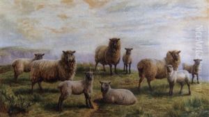 Footstets Approaching, Sheep And Lambs On A Cliff Top And The Sea And Further Cliffs In The Distance by Charles Jones