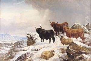 Highland Cattle And Sheep In A Snow Covered Highland Landscape by Charles Jones