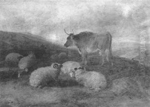 Sheep, Cattle And Goats In A Moorland Landscape by Charles Jones