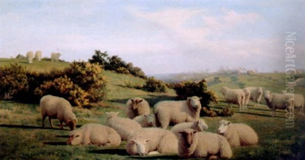Sheep On Downland, Cottages Beyond - view 1