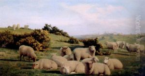 Sheep On Downland, Cottages Beyond by Charles Jones