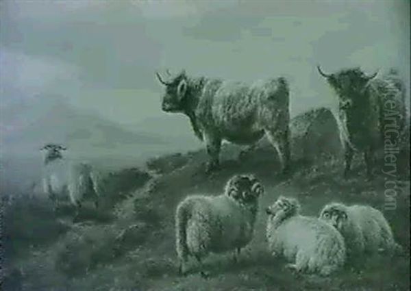 Sheep In A River Landscape  Sheep And Cattle - view 1