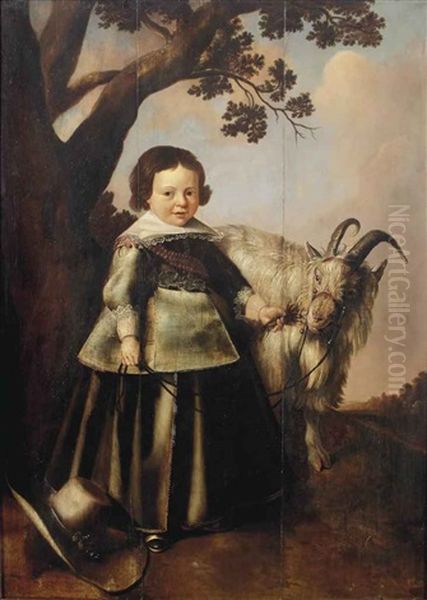 Portrait Of A Young Boy With A Goat, Standing In A Landscape - view 1