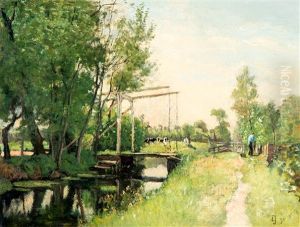 Bij Het Ophaalbruggetje Van De Broeksloot Te Voorburg by Johan Antonie de Jonge