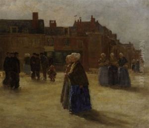 Figures In Traditional Dress In A Sunlit Street by Johan Antonie de Jonge