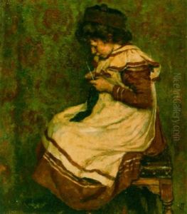 A Girl Knitting by Johan Antonie de Jonge