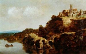 A River Landscape With Travellers Crossing A Bridge Over A Torrent, A Monastery On A Hilltop Beyond