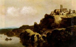 A River Landscape With Figures In A Rowing Boat And Travellers Crossing A Bridge, Town Beyond by Claude De Jongh