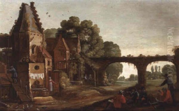 Homesteads By A Bridge, Peasants Resting And Smoking Nearby - view 1