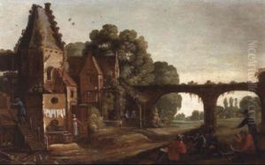 Homesteads By A Bridge, Peasants Resting And Smoking Nearby by Claude De Jongh