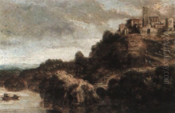 River Landscape With Figures In A Boat, A Town Beyond - view 1