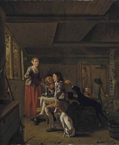 A Young Woman Serving A Glass Of Red Wine To A Huntsman, With Other Men, Children And Hunting Dogs, In A Inn by Ludolf de Jongh