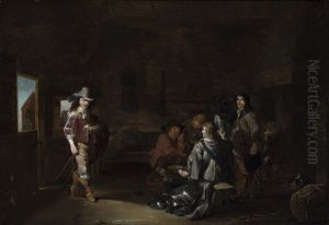 A 'kortegaardje": An Officer Entering A Guardroom And Soldiers Playing Cards At A Table by Ludolf de Jongh