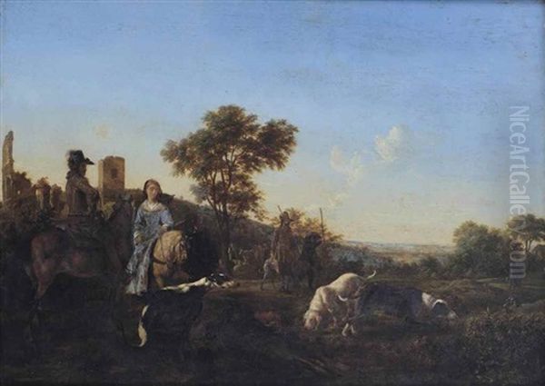 An Italianate Landscape With Elegant Figures On Horseback And Beaters With Hunting Dogs Near The Ancient Ruins Of Trofeo Di Mario, Herdsmen With Their Cattle Beyond - view 1