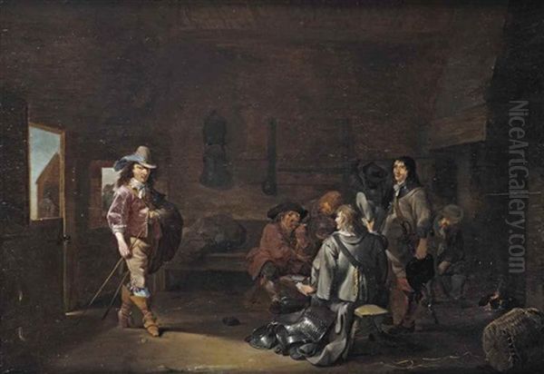 A Guardroom With Soldiers Playing Cards And An Officer Entering - view 1