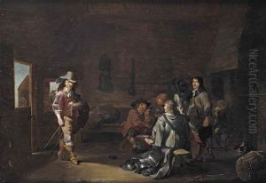 A Guardroom With Soldiers Playing Cards And An Officer Entering by Ludolf de Jongh