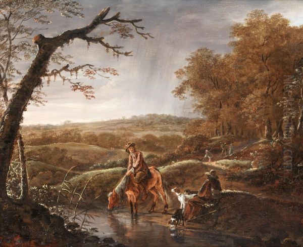 Hunters At Rest With A Horse And Dog Near A Stream - view 1