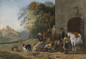 Eine Elegante Jagdgesellschaft Vor Einer Schmiede Eine Elegante Jagdgesellschaft Vor Einer Schmiede
