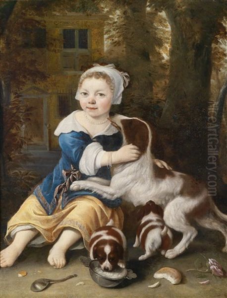 Ein Kleines Madchen Mit Einer Hundefamilie Vor Einem Landhaus - view 1