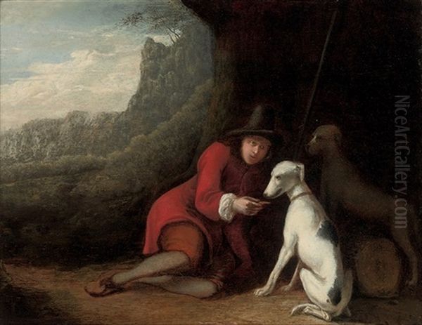 A Wooded Landscape With A Traveler At Rest With His Dogs - view 1