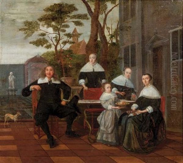 A Group Portrait Of A Noble Family Seated Around A Table On A Terrace - view 1