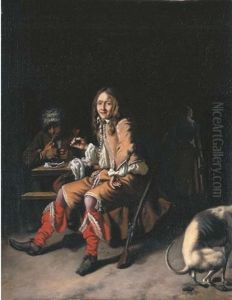 A Tavern Scene With An Officer Drinking A Glass Of Wine And A Man Smoking