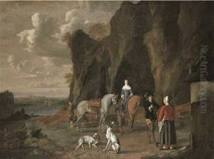 Travellers Resting On A Road With A Landscape Beyond by Ludolf de Jongh