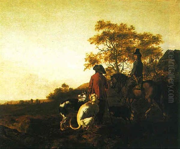 A Huntsman With His Servant And Hounds In A Landscape - view 1