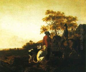 A Huntsman With His Servant And Hounds In A Landscape by Ludolf de Jongh