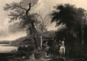 Bewaldete Fluslandschaft Mit Einer Jagdgesellschaft by Ludolf de Jongh