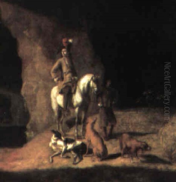 Gentleman On A White Horse With His Servant And Hounds - view 1