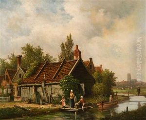 Summer: Activity At The Farm; Winter: Ice Skaters And A Koek-en-zopie By A Drawbridge (2 Works) by Oene Romkes De Jongh