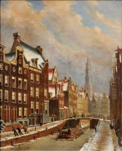 Winter Scene In Amsterdam With Zuide Kirk In The Distance by Oene Romkes De Jongh