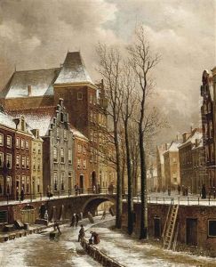 Figures Skating Outside The Oudaen, On The Oudegracht In Winter by Oene Romkes De Jongh
