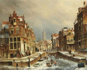 Vue Hivernale D'une Ville En Hollande Animee De Personnages Sur La Glace