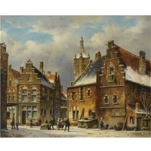 Figures In The Street Of A Wintry Dutch Town by Oene Romkes De Jongh