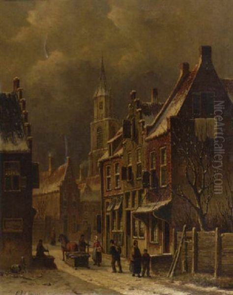 A Town View In Winter With Figures Conversing - view 1