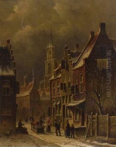 A Town View In Winter With Figures Conversing