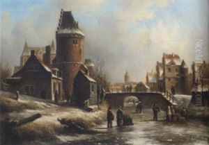 Stadsvy Med Figurer - Vinterdag