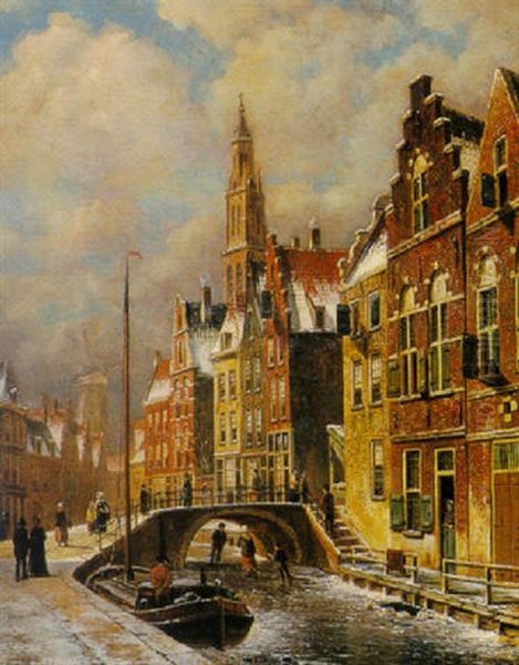 Figures On A Frozen Canal In A Wintry Town - view 1