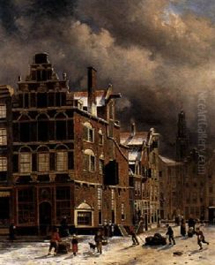 A Town Scene In Winter by Oene Romkes De Jongh