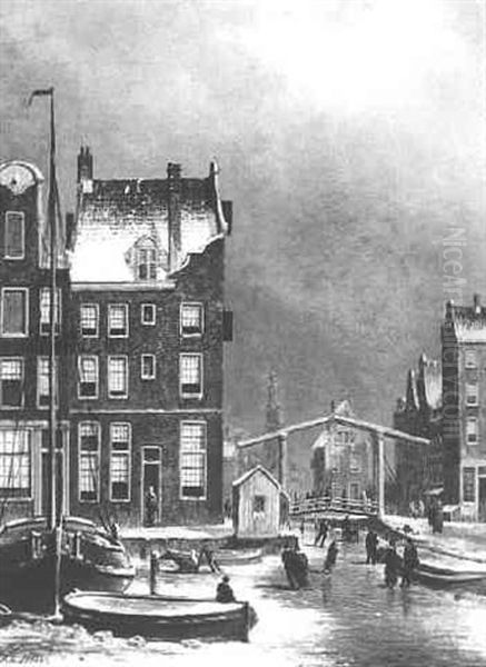 Skaters On A Frozen Canal By A Drawbridge - view 1
