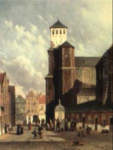 A Dutch Town Scene With Figures Outside A Church