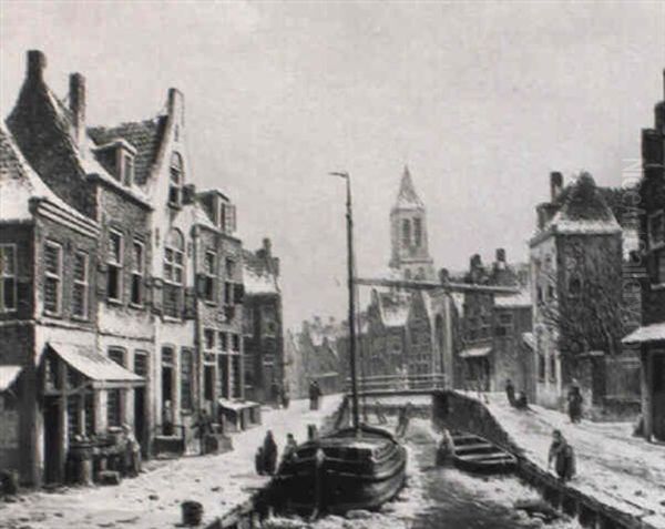 A View In A Dutch Town In Winter With Figures On A Frozen Canal - view 1