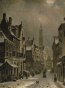 A Dutch Street Scene In Winter by Oene Romkes De Jongh