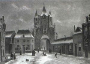 Snowy Village Courtyard by Oene Romkes De Jongh