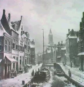 Figures In A Dutch Winter Townscape. by Oene Romkes De Jongh