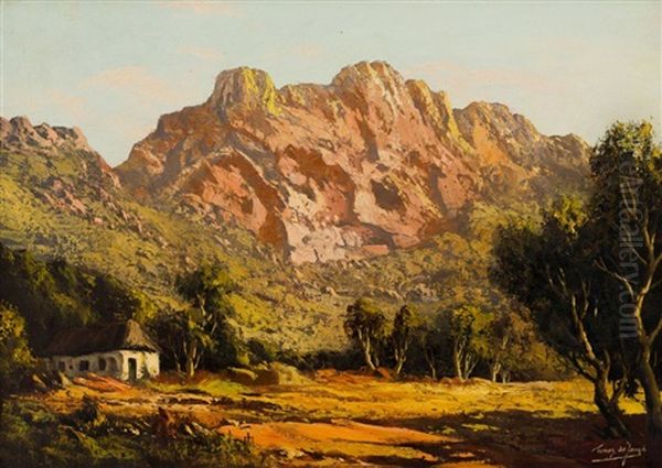Farm Cottage And Mountains by Tinus de Jongh