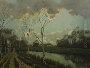 Woman Walking On A Dutch Canal Path by Tinus de Jongh